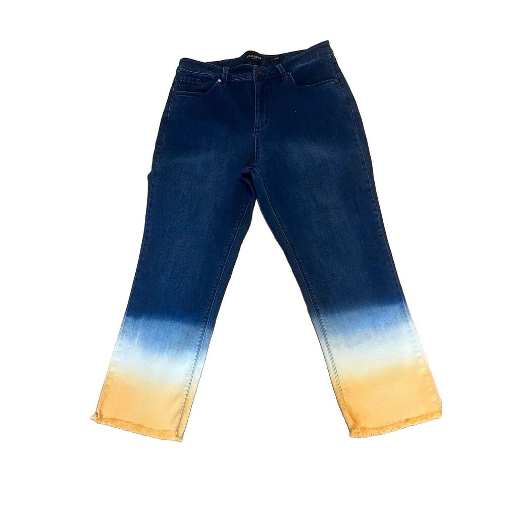 Susan Graver Dark Wash Cropped Dip Dye Jeans Stretch 5-Pocket Blue Orange 14
